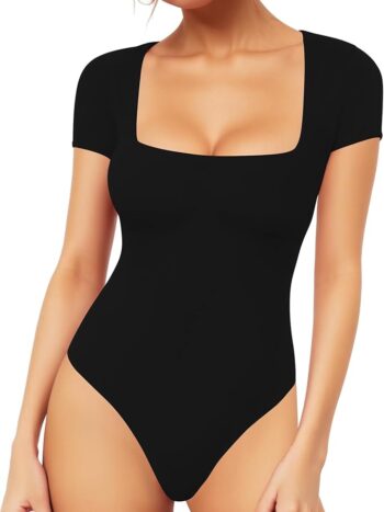 black bodysuit short sleeve with Square Collar