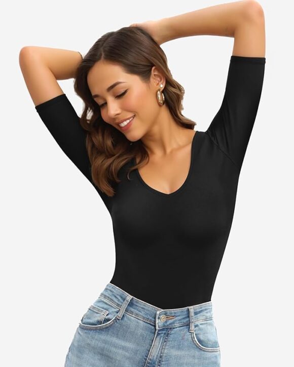 front of v neck half sleeve bodysuit