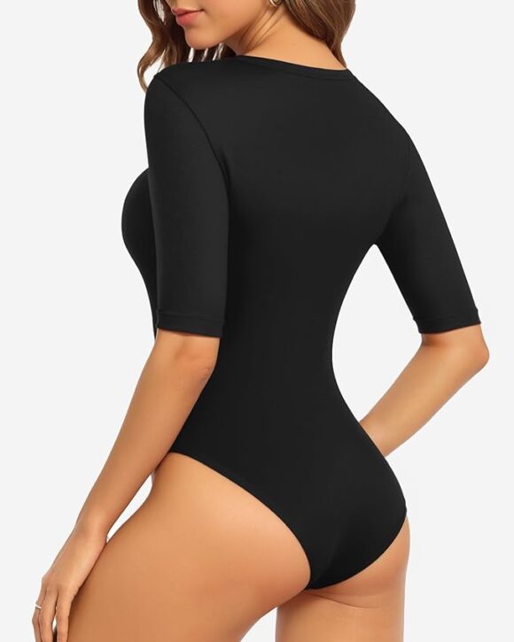 v neck half sleeve bodysuit back show