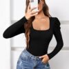 model's dress display Square Neck Long Sleeve Bodysuit
