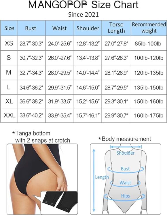 the size chart of the bodysuits