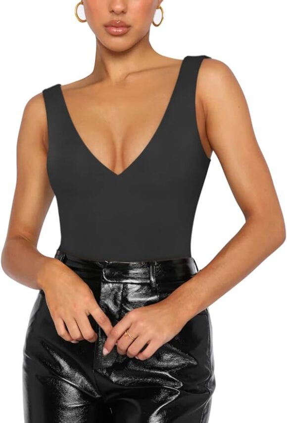 Deep V Neck Sleeveless Bodysuit