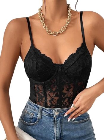 Lace Sheer Mesh Corset Bodysuit